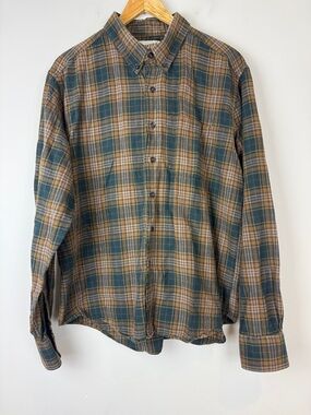 Naked & Famous Classic Plaid Button-Down Shirt in Teal and Tan Size XL
